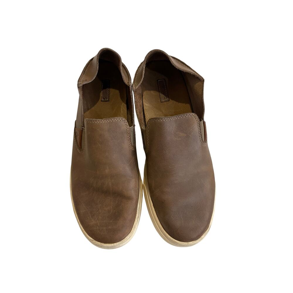 OluKai Pehuea Leather Womens Size 7.5 Brown White Casual Comfort Slip On Shoes